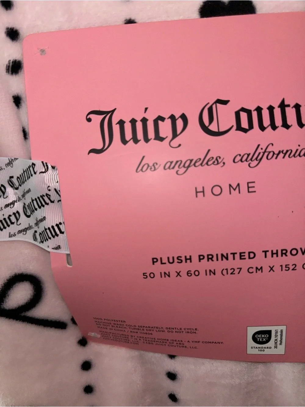 Juicy Couture Pink Plush Throw Blanket with Black Bow & Heart Pattern new